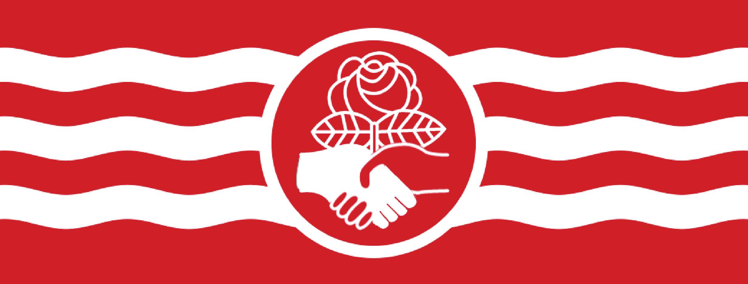 Two hands shaking, one black, one white, in front of the DSA rose.