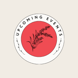 "Red circle with a flower in the middle. Text around the border of the circle says "Upcoming Events"